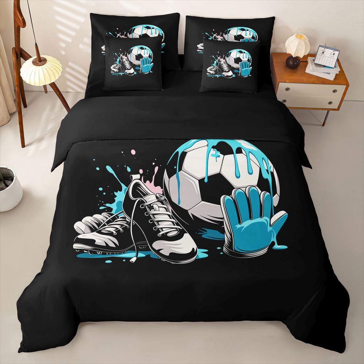 Loussiesd Juego de funda de edredón de fútbol de 7 piezas, tamaño King, juego de ropa de cama para niños y niñas, con funda de edredón, sábanas, fundas de almohada, fundas de cojín