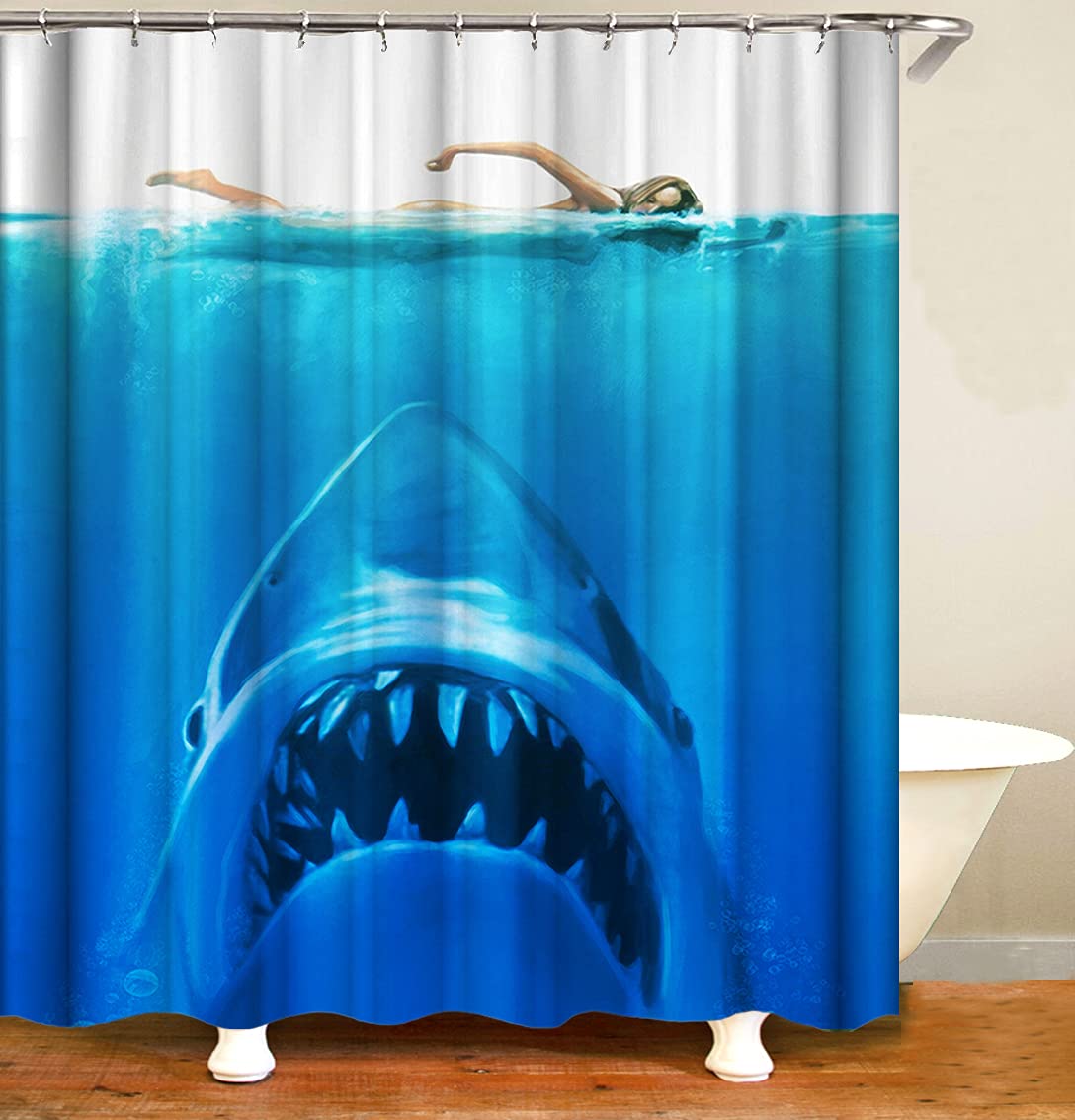 Fullfun Jaws shower curtain shark, Funny ocean-themed shower curtain set with 12 hooks, Cool waterproof and mold-proof bathroom curtains, 71 x 71 inches(180 x 180 cm)
