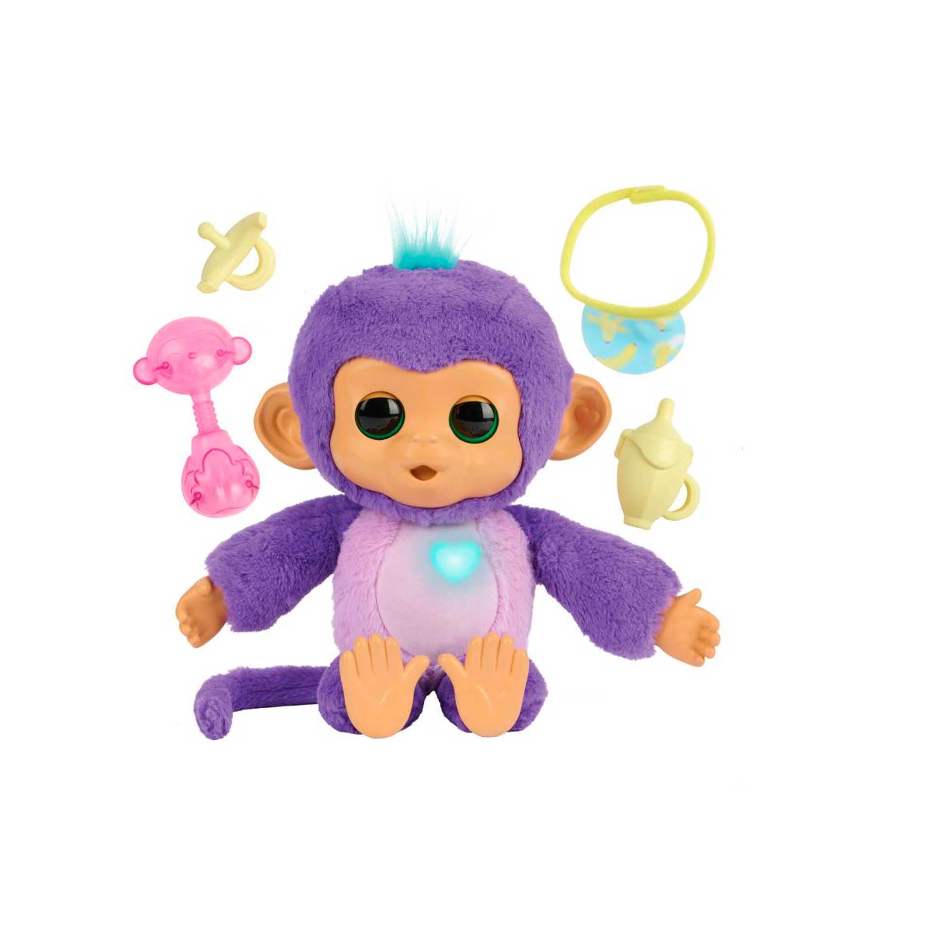 Fingerlings Cuida Y Mima, Mono interactivo de peluche de color morado, suave y blandito con +150 sonidos y interacciones,reacciona al tacto,con juegos y luz para dormir,niños +4 años, Bizak (61853192)
