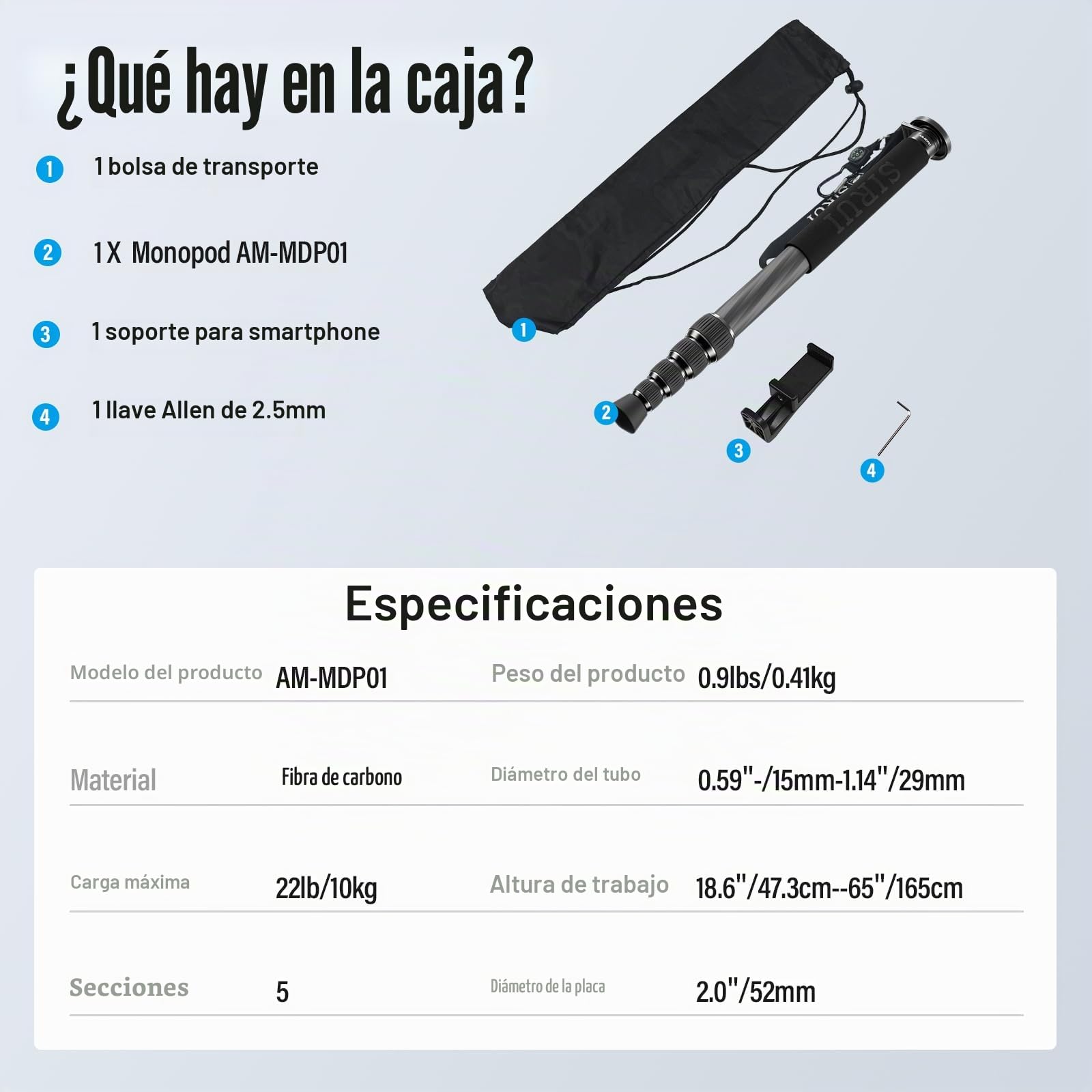 SIRUI Monopié de Fibra de Carbono para Cámaras, 65" Compacto Ligero Monopié de Viaje, 5 Secciones, Soporte para Teléfono Incluido, Carga hasta 22lbs/10kg, AM-MDP01