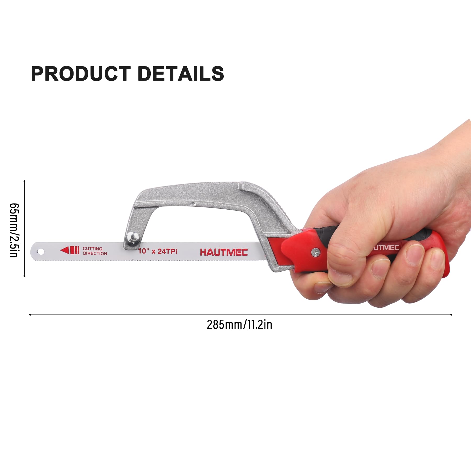 HAUTMEC Scie à métaux compacte 250 mm Junior avec lame bimétallique HSS - Cadre en aluminium léger - Petite scie à main pour couper le métal, le plastique, le PVC et le bois - Idéale pour les espaces
