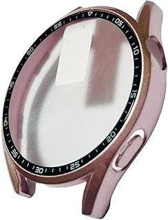 متوافق مع ساعة هواوي GT3 46 ملم، جراب حماية من الزجاج المقوى مع 9H صلابة 360 درجة تمنح حماية شاملة ونحيفة للغاية، لون روز جولد، زجاج مقسى