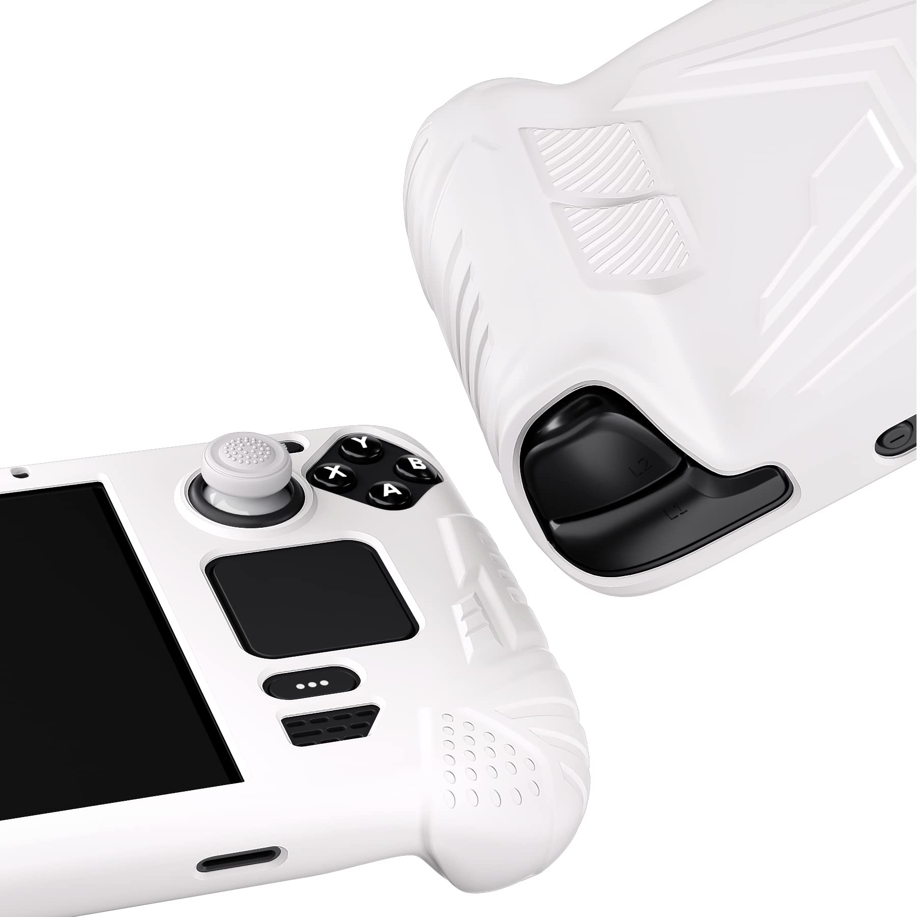 PlayVital Coque pour Steam Deck Console Accessoires,Housse Protection pour Steam Deck LCD avec Capuchons Joystick,Cover Silicone Souple avec Design Bouton Arrière-Blanc,Armor Série