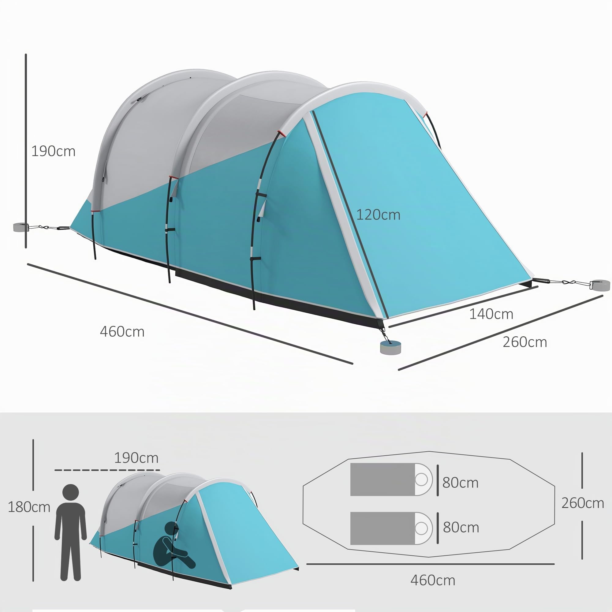 Outsunny Tunnelzelt für 3 Personen 3000mm Wasserabweisend Campingzelt Blau