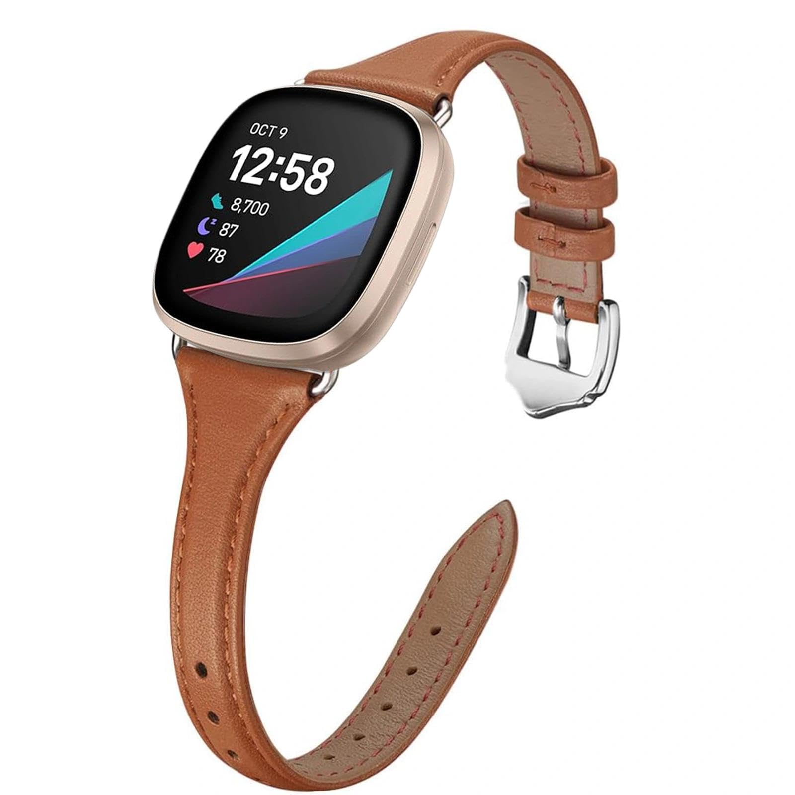 TUV PLNT Strap Compatible with Fitbit Versa 4/Versa 3/Sense 2/Sense,Leather Strap Replacement,Slim&Thin Wristband (Brown/Silver)