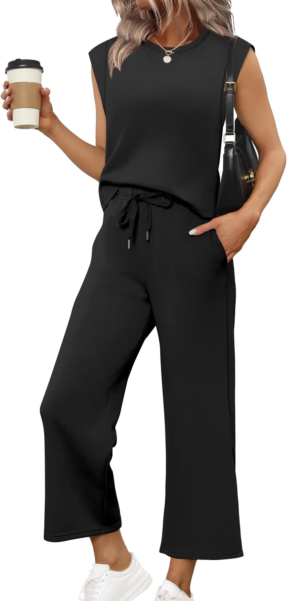Two Piece Sets for Women Casual Travel Vacation Outfits Summer Wide Leg Crop Pants Lounge Sets