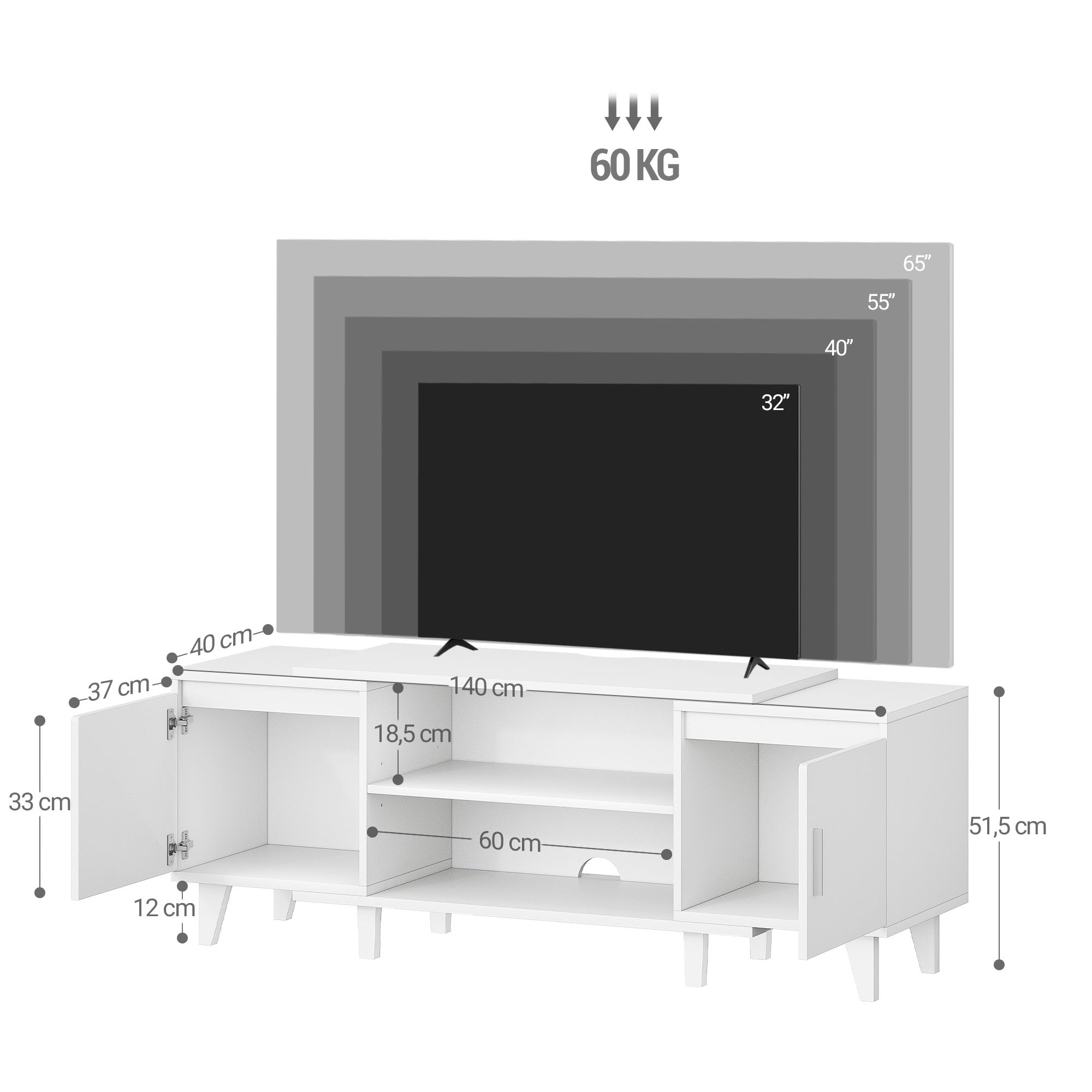 Hzuaneri TV- Schrank, Fernsehschrank, für TV-Geräte unter 65 Zoll, TV-Ständer mit 2 Schränken und 2 Freiflächen, 140 x 40 x 51,5 cm, für Wohnzimmer, Schlafzimmer, Esszimmer, Weiß TV16703E