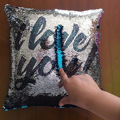 Mocofo Sparkling Gift Gift With I Love You Letter Toy Sequin Pillow Cover Silver Sparkling Flip Mermaid Magic Reversible Color Decorative Dormitory Girl Boy 16X16 Inch #TOP6