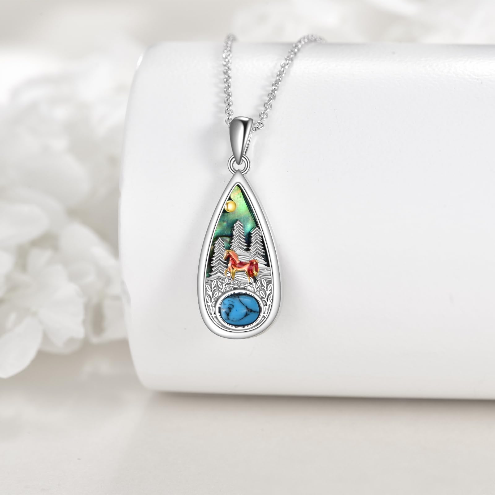 POPLYKE Türkis Pferd Kette Halskette 925 Sterling Silber Lebensbaum Halskette Türkis Halskette Teardrop Halskette Anhänger Türkis Pferd Schmuck Geschenke für Frauen