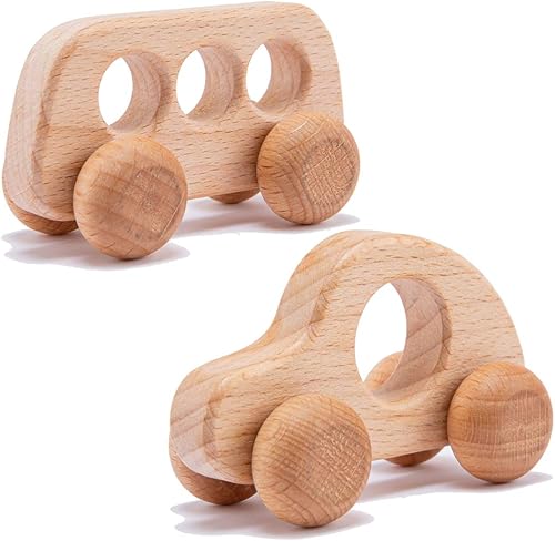 Miniatura 8 de Promise Babe 2 piezas de sonajero de madera orgánica coches de madera de empuje juguetes Montessori educativos de madera natural juguetes inspirados