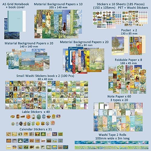 Image of Scrapbooking Supplies Kit Plus 480Pcs, Vintage Van Gogh Oil Painting Aesthetic Scrapbook Kit for Bullet Junk Journal, DIY Journaling Supplies, Stationery, A5 Grid Notebook, Craft Gift Kid Girl