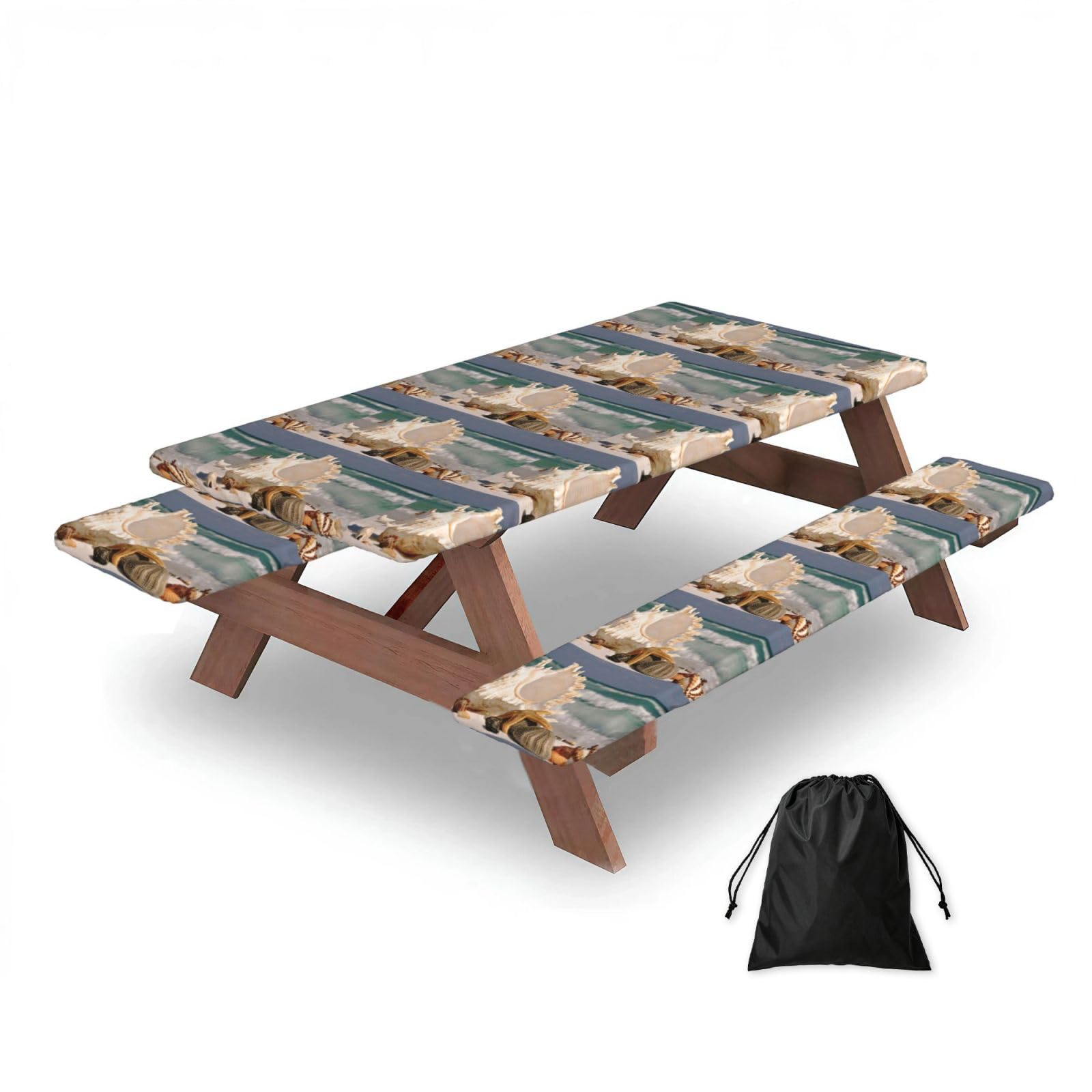 Dopklna As Picture Beach Starfish Seashells Print, Picnic Table Cover With Bench Covers -Waterproof Elastic Fitted Tablecloth For Garden Camping Patio 76X152cm