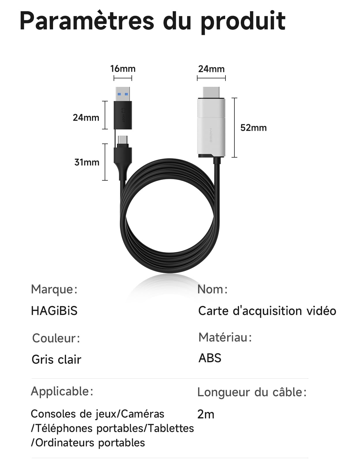 Hagibis Carte de Capture vidéo USB 3.0 avec 100 W PD, câble HDMI vers USB A/USB C 1080p @ 60 fps YUY2 MJPEG MS2130 pour Quest 3 VR Switch PS4/5 Diffusion en Direct, Jeux, Streaming, enregistreur