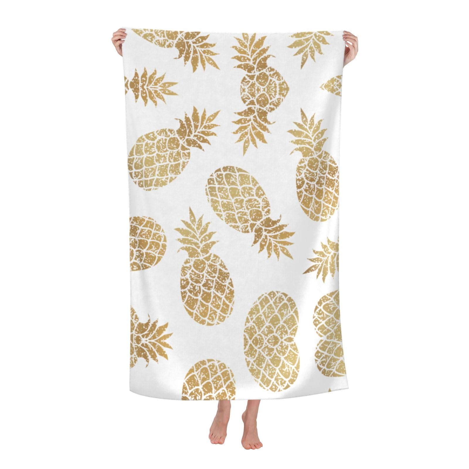 Oazcvbnn Women's White Golden Pineapple Background Print Adult Beach Towel Summer Travel Pool Vacation Swimming Fitness Outdoor Adventures