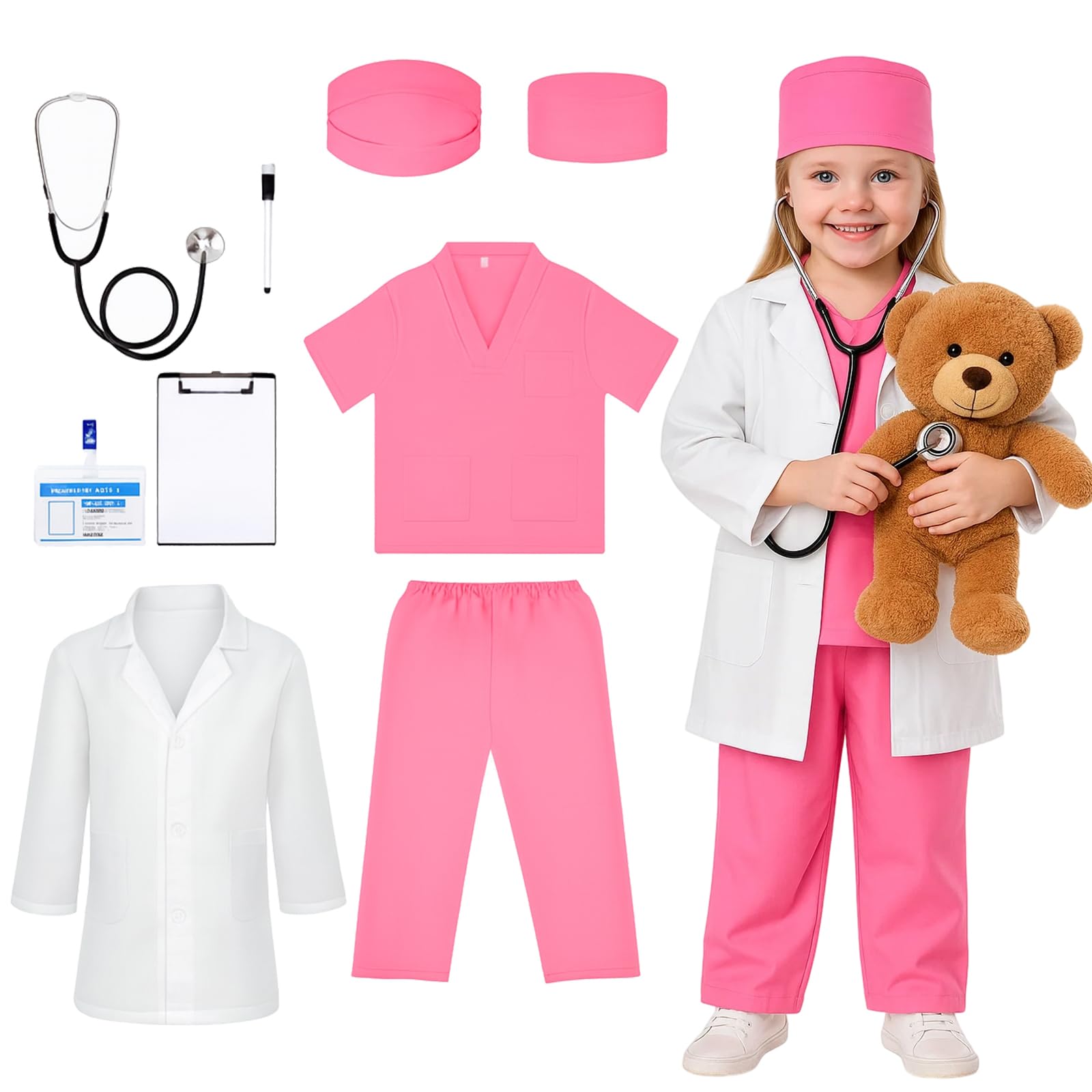 Doctor Set, 9 Pcs Include Pink 4 Piece Set, White Coat, Stethoscope, Hanging Sign, A5 Writing Board, Pen