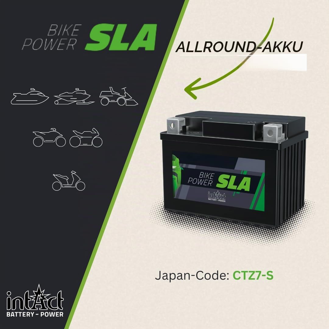 intAct - AGM MOTORRADBATTERIE | Batterie für Roller, Motorrad und Quad. Wartungsfreier & auslaufsicherer Akku | SLA12-7Z-S, CTZ7-S, 12V Batterie, 6 AH (c20), 80 A (EN) | Maße: 113x70x105mm