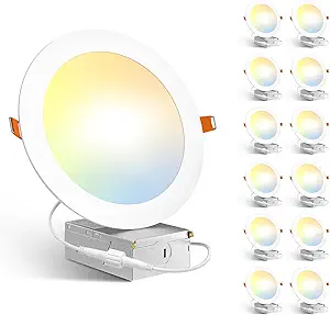 Amico 12 Pack 7 Inch 5CCT Ultra-Thin LED Recessed Can/Ceiling Light with Junction Box, 1300LM High Brightness, Dimmable Wafer Downlight, 15W, ETL&FCC