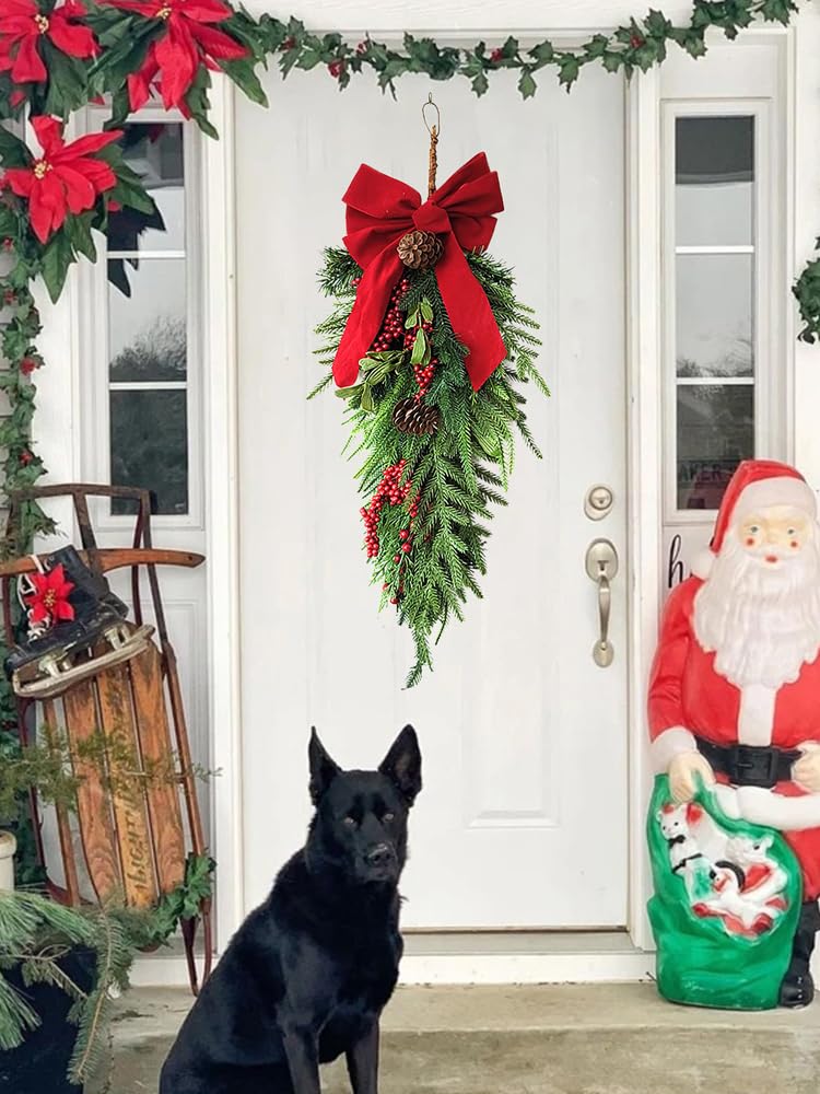 MISNODE Christmas Teardrop Swag, Artificial Teardrop Decorative Hanging Swags with Pines Red Berries, Faux Pine Needles Teardrop Door Swag, Christmas Greenery Teardrop Wreath