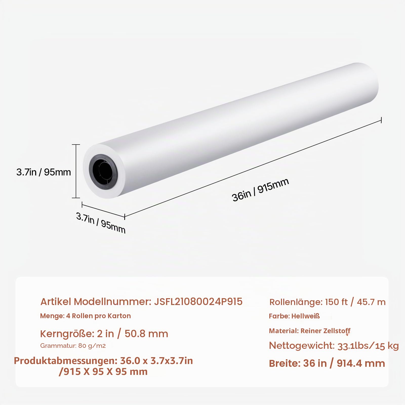 VEVOR Großformatpapier Plotterpapier 45,7 m x 915 mm 4 Rollen CAD-Bond-Rollen mit 50,8 mm Kern, Zeichenrollen für CAD-Zeichnungen, technische Pläne, GIS-Karten und Architekturentwürfe Weiß