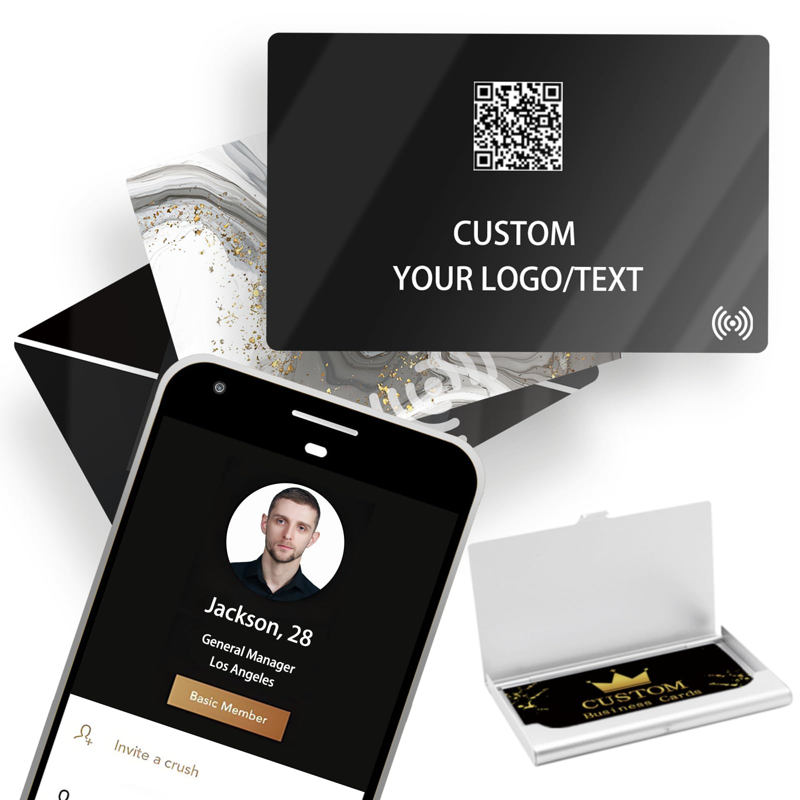 Digital Business Card Personalised Customisable NFC Business Cards with Logo & QR Code Tap to Share Suitable for iPhone & Android