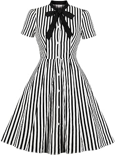 Women 1950s Vertical Striped Dress Halloween Costume Vintage Buttons Tie...