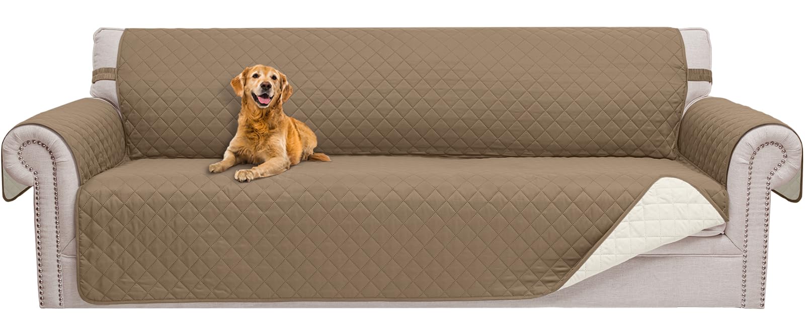 Couch Cover for Sofa, Dog Couch Covers for Pets, Couch Covers for 3 Cushion Couch Sofa, Reversible Sofa Covers Furniture Protector with Elastic Straps (Oversized Sofa, Taupe/Ivory)