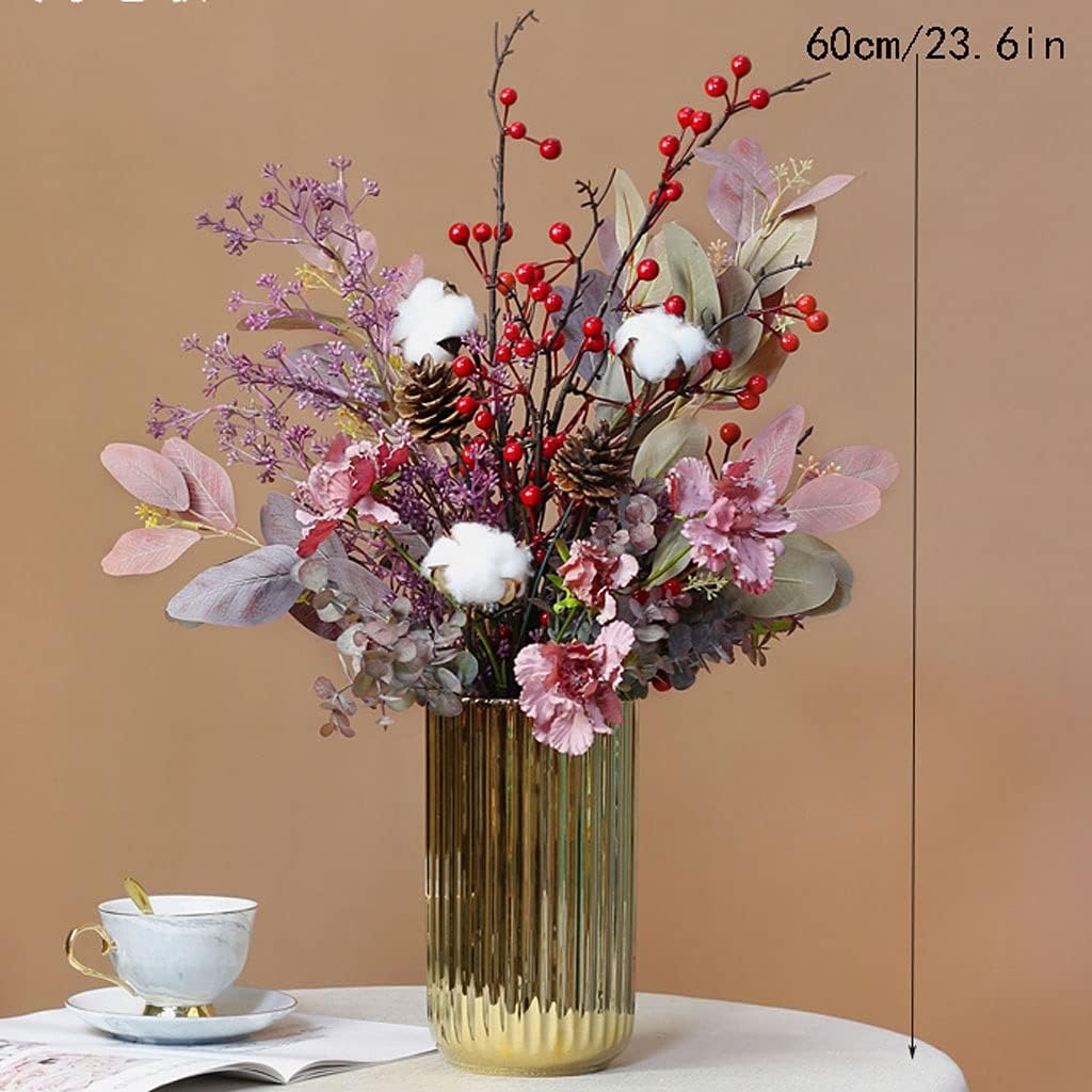 Artificial flower bouquet with red berries, cotton, and pinecones in a gold ribbed vase, showing a measurement of 60cm (23.6 inches).