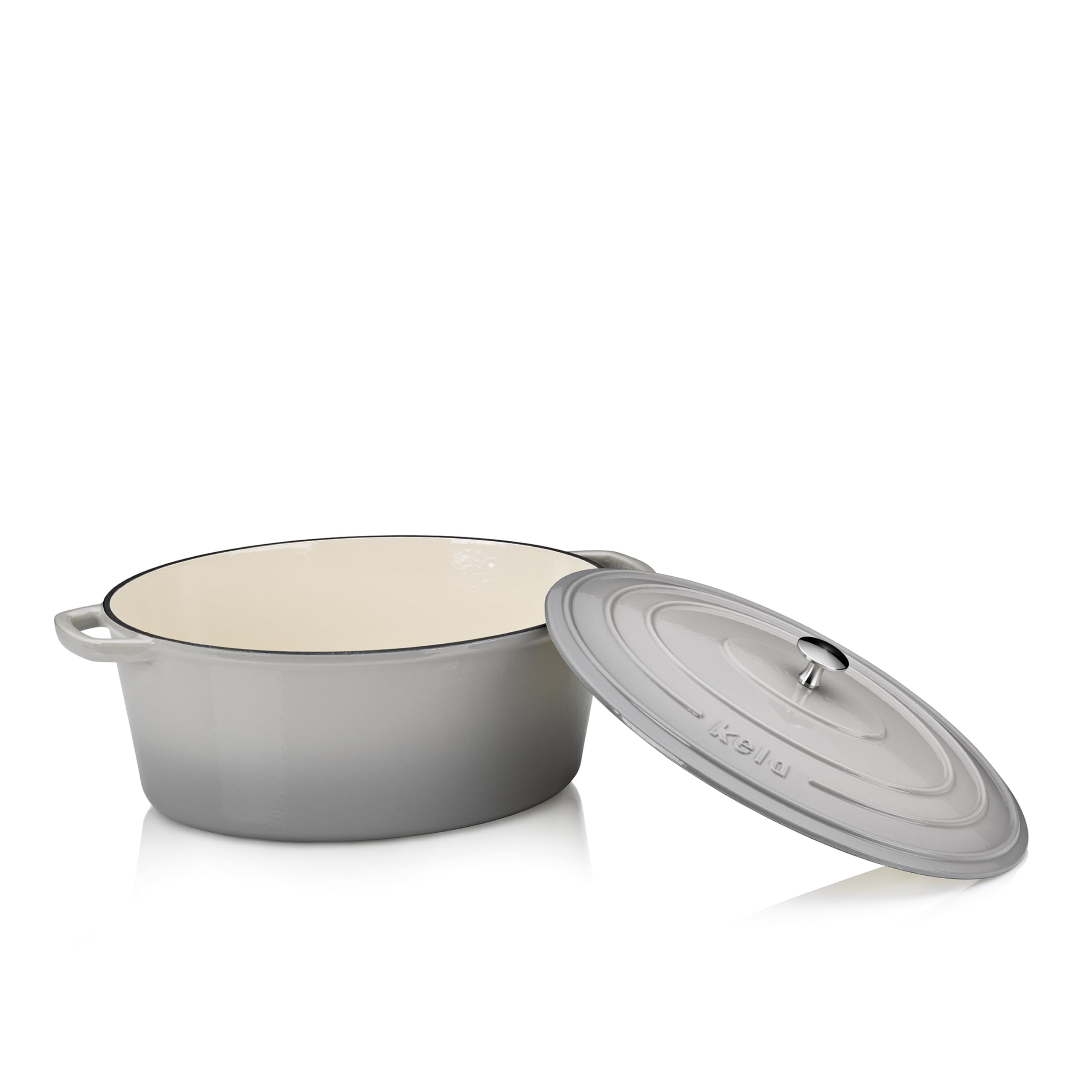 kela Bräter Gusseisen oval 9,3 Liter, Dutch Oven CALIDO, Induktion Gussbräter mit Deckel backofengeeignet, Gusseisen Topf emailliert, hellgrau