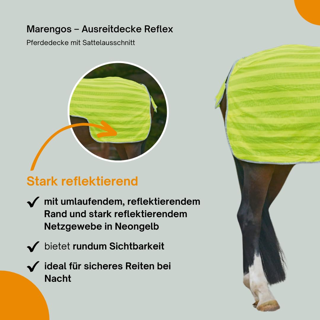Marengos – Ausreitdecke Reflex – Pferdedecke mit Sattelausschnitt – stark reflektierend & mit Silber-Leuchtstreifen – Outdoordecke für Pferde – Pferde Zubehör in Neongelb – 125cm