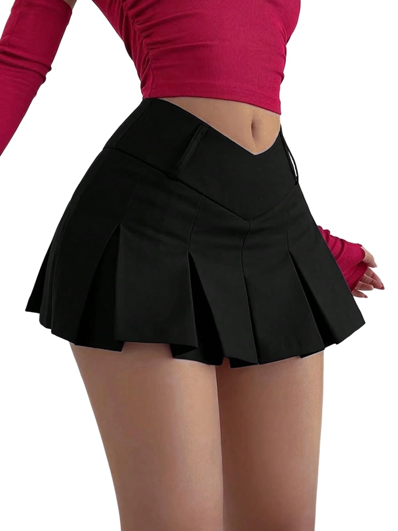 MARZXIN Womens Mini Skirt Y2K Street Drop Waist V Desian Pleated Hem A-Line Micro Min Skirt