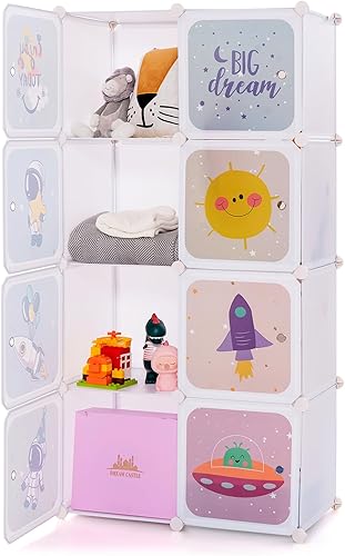 Miniatura 16 de INFANS Armario para niños, armario portátil para bebé, lindo para dormitorio de niños, armario de guardería con puertas, 12 cubos, 2 secciones para