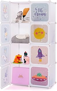 INFANS Children Wardrobe, Kid Closet Portable Baby Dresser Cute for Kids Bedroom Nursery Armoire with Doors 12 Cube 2 Hanging Sections, Kid Clothes Storage Organizer (White, 8 Cubes)