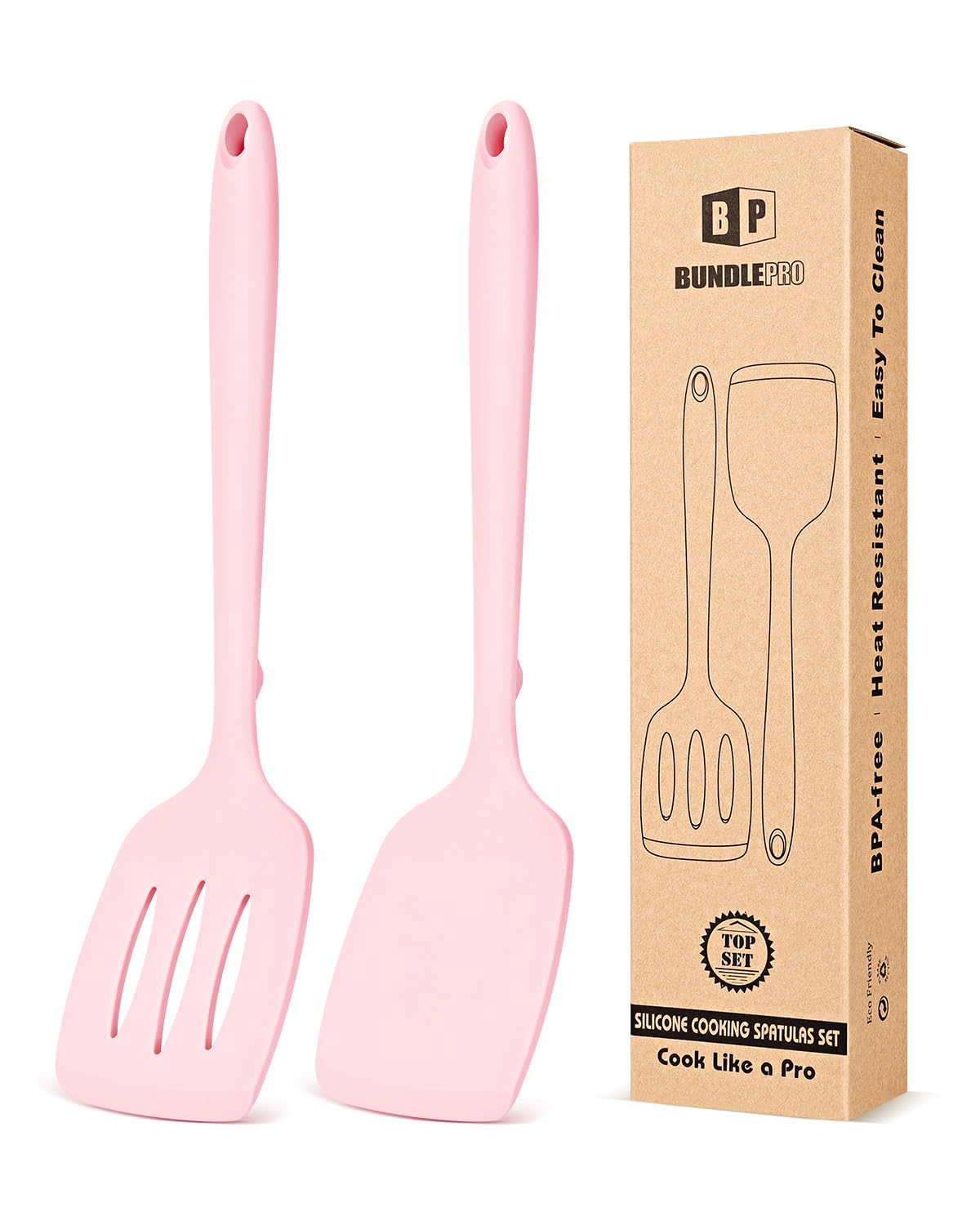 Pack of 2 Silicone Spatula Turners, Non Stick Slotted Kitchen Spatula Set, Heat Resistant BPA Free Kitchen Utensils, One-Piece Design, Suitable for Flipping Fish, Eggs, Steak, Pancakes (PINK)