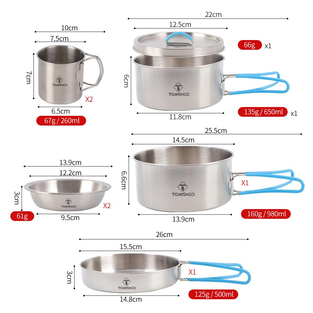 KANASI Set di pentole da Campeggio, pentole in Acciaio Inossidabile per 2 Persone con Manici Pieghevoli per Cucinare all'aperto, Escursioni con Lo Zaino in Spalla