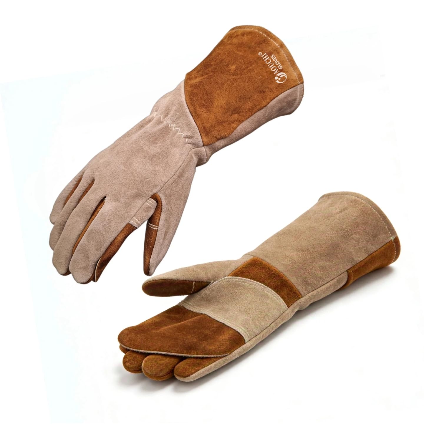 AOUCHI Leather Welding Gloves, Gardening Gloves & Fire Gloves for Wood Burners, Fireproof Heat Resistant Long Sleeve Mitts for TIG/MIG, Fireplace, Grill, BBQ, Oven, Stove & Animal Handling (Brown, XL)