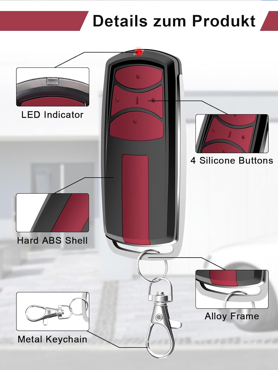 Detallada view of the RUIZHI remote control highlighting its features: LED Indicator, 4 Silicone Buttons, Hard ABS Shell, Metal Keychain, and Alloy Frame.