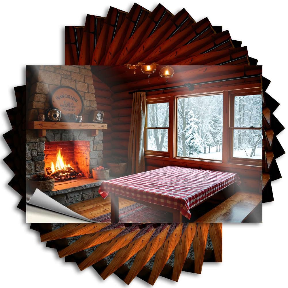 Decal Case Bookish A Cozy Cabin Interior with A Warm Fireplace and Snowy Outdoor View. for Motorcross - Country Room Decor Easy Peel Removable(12X18CM)