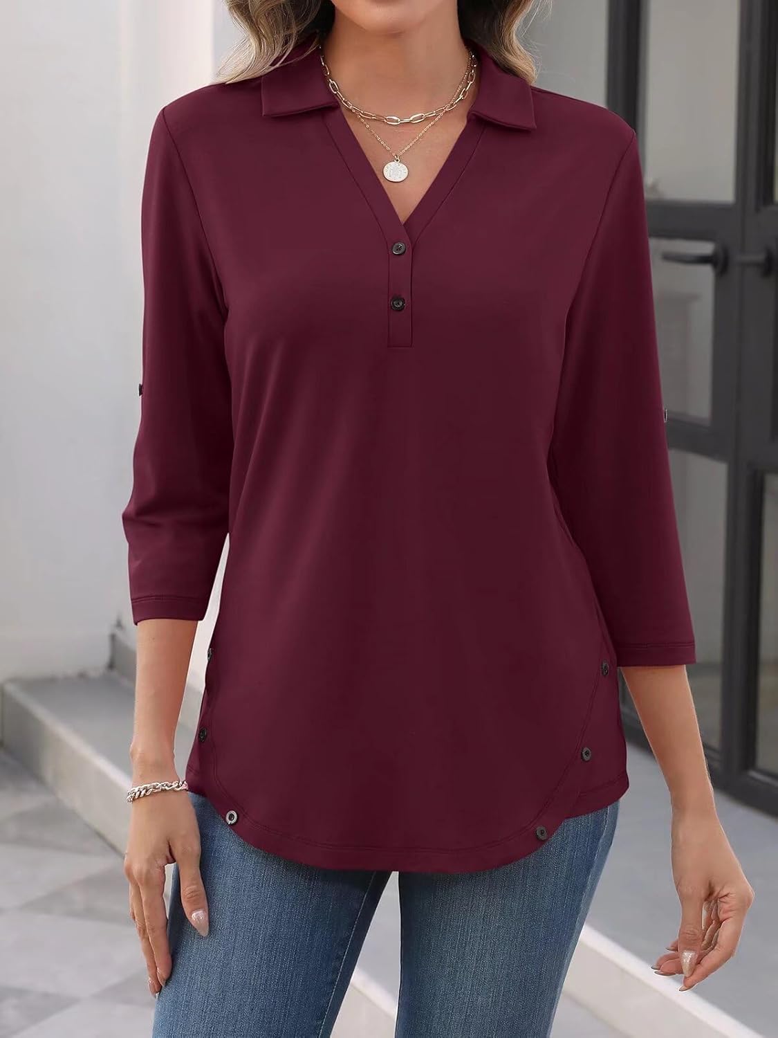 Women's 3/4 Length Rolled Sleeve Tunic Tops Collared V Neck T Shirts Both Side Buttons Blouses - Image 5
