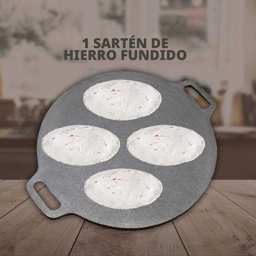 Sartén de Hierro Fundido de 12 Pulgadas, Antiadherente, Negra, Tamaño Grande, Apto para Horno, Sin Pegar, Comal para Tortillas, Sartén para Crepes, Dosa, Pizza, Arepas, Tortillas, Salteado