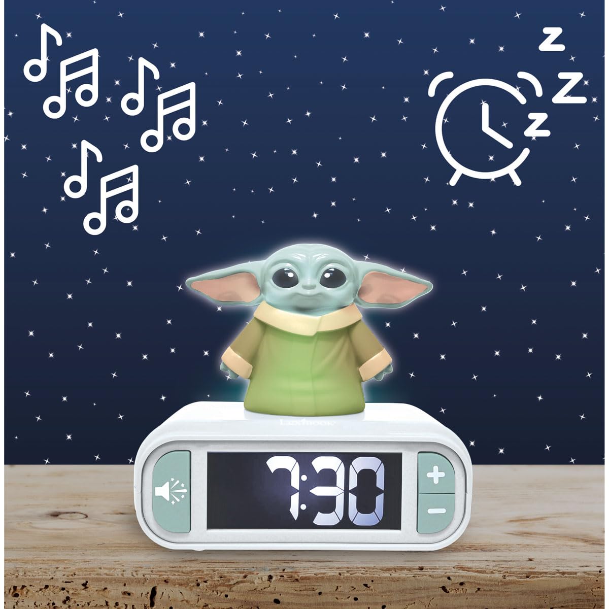 LEXIBOOK, Star Wars, Despertador - Luz Nocturna Grogu con Efectos de Sonido, Verde, RL800SW