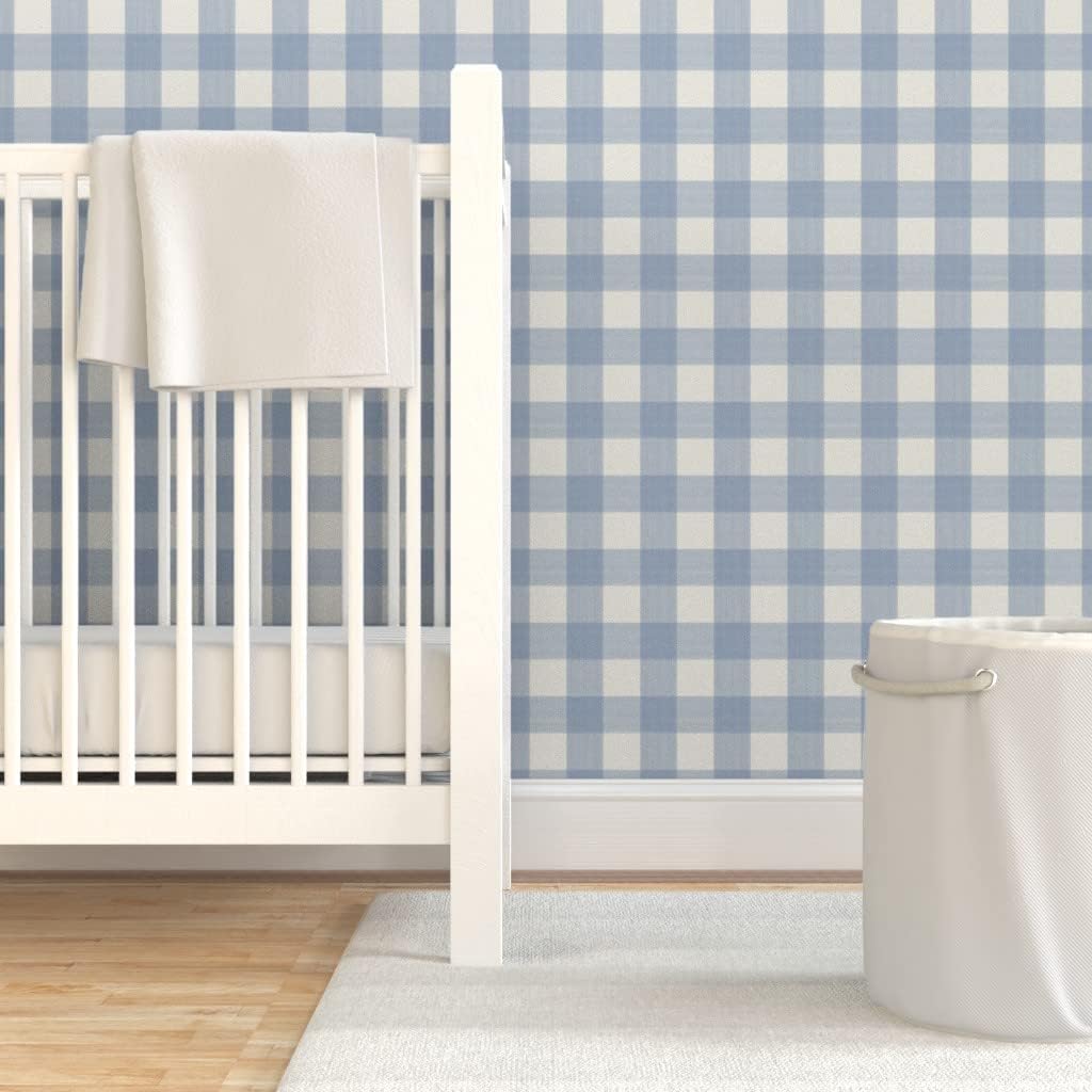 Spoonflower Peel & Stick Wallpaper 3ft x 2ft - Buffalo Plaid Soft Blue Cream Gingham Check Custom Removable Wallpaper