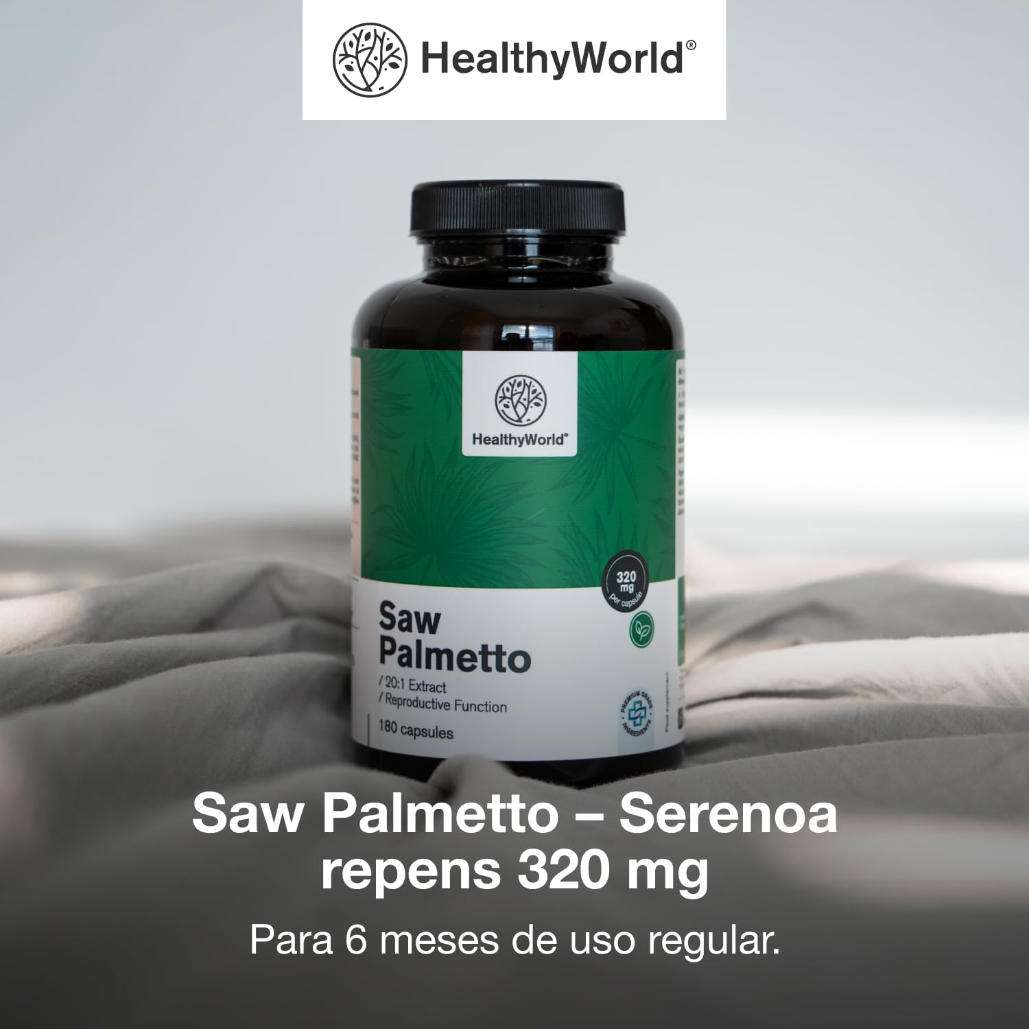 HealthyWorld Saw Palmetto – Serenoa repens con suplemento de zinc – Extracto 20:1 – 180 cápsulas vegetales – Apoyo a la próstata – Envase XXL – Para 6 meses