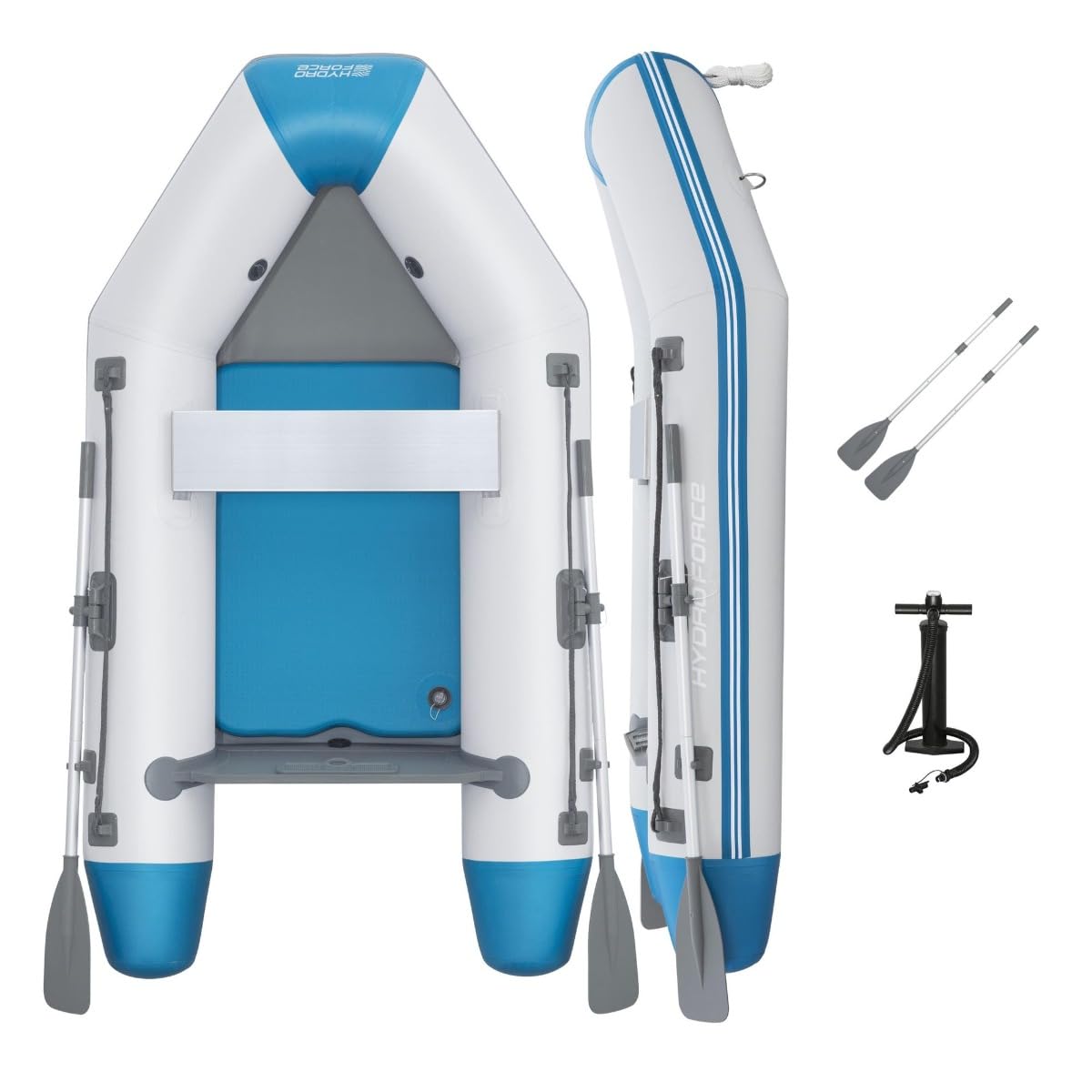Bestway Hydro Force Sportboot-Set Caspian, 230 x 130 x 33 cm, 2 Erwachsene, bis 280 kg, 3 Luftkammern, TriTech-Material, Fester FortiFiber-Boden, Ruder, Pumpe, Aluminium-Sitzbank, Motorhalterung