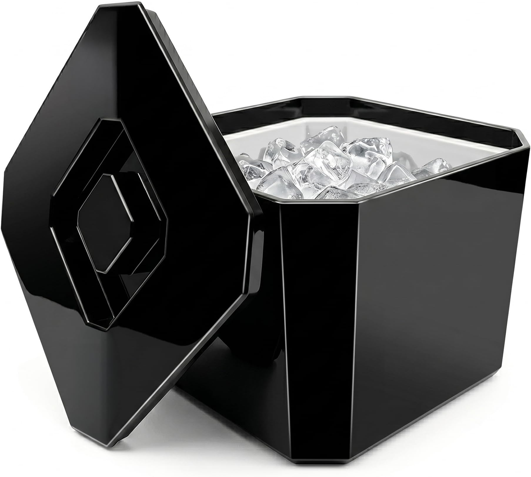 Chabrias Ltd 6L Black Octagonal Insulated Ice Bucket with Lid & Drainage Liner – UK Made - Double Wall BPA-Free Plastic Ice Bucket for Parties, Bars, BBQs, Home Bar & Garden Drinks Cooler - UK Made