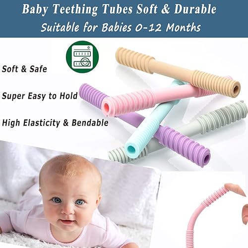 Miniatura 5 de Honboom Tubos de dentición de silicona suave paquete de 5 tubos huecos para mordedores para bebés juguete calmante para bebés de 0 a 12 meses con un