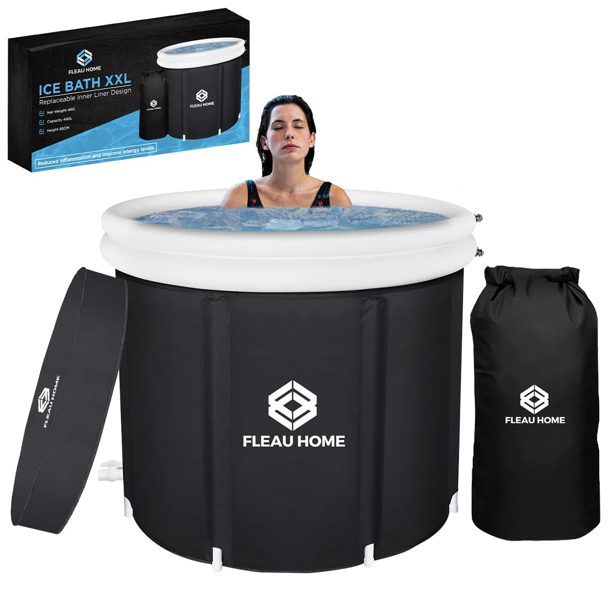 Fleau Home Kąpiel lodowa XXL PRO – basen z pokrywą i pompką – unikalny model izolacyjny – podwójna poduszka do siedzenia – wanna nadmuchiwana – wanna – nadmuchiwana – metoda Wim Hof