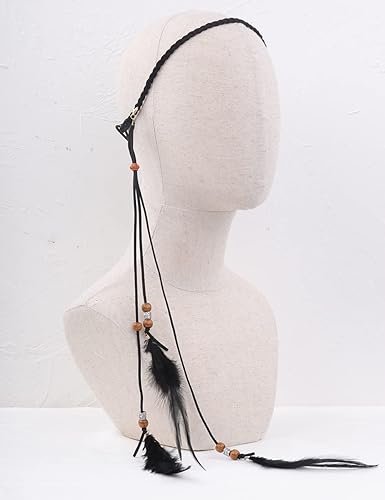 Miniatura 3 de Jumwrit Diadema de plumas bohemias para la cabeza gitana hippie indio con plumas de pavo real, diadema ajustable de cuerda de cáñamo con cuentas,