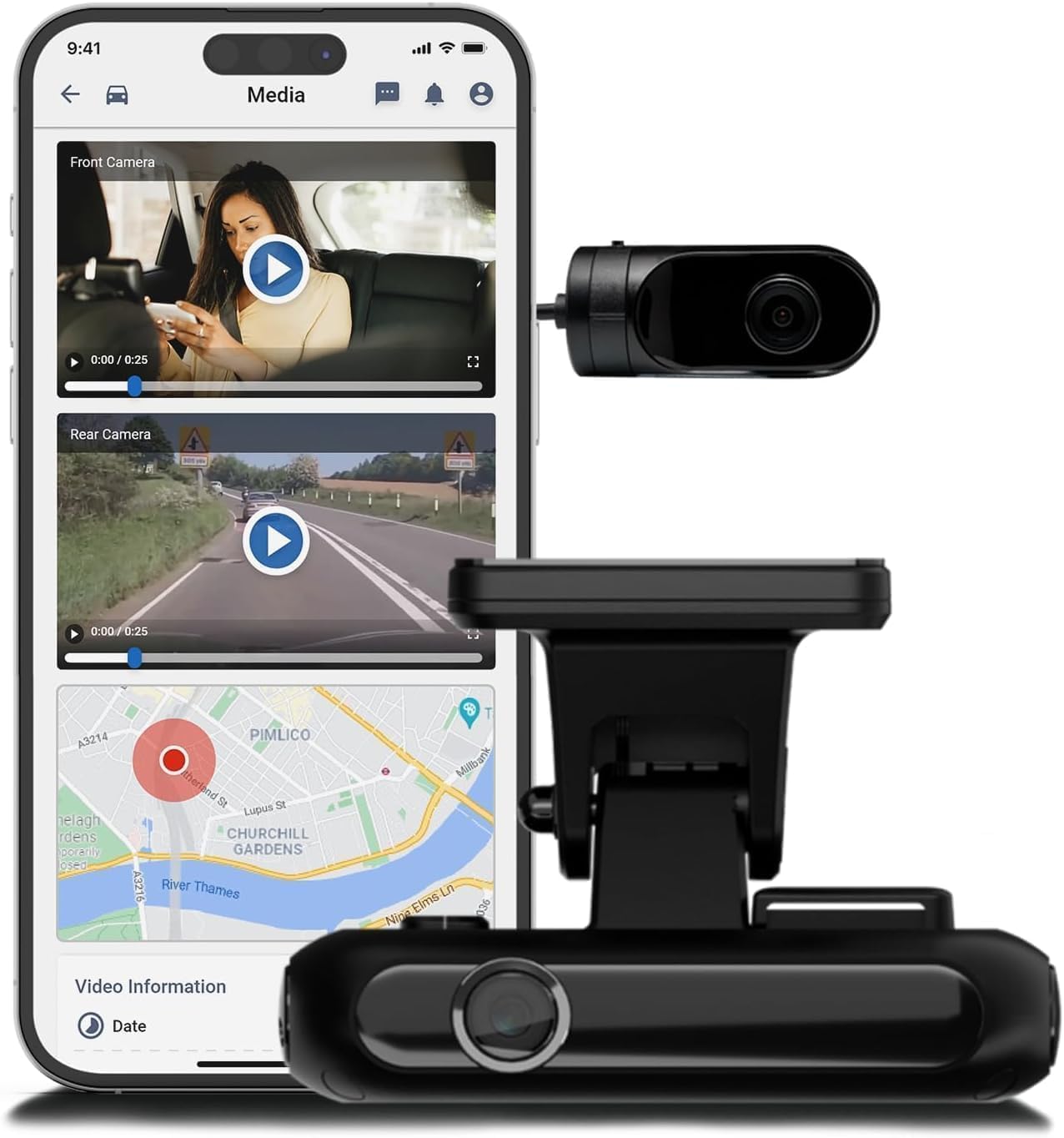 GPSLive 4G Dual-Dashcam mit GPS-Tracker und OBD-II-Stromversorgung, 2 HD-Kameras für Straße & Innenraum, Live-GPS-Ortung, Cloud-Speicher, Plug-&-Play
