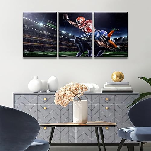 Miniatura 3 de Pósteres de fútbol americano impresos en lienzo, jugador de fútbol americano atleta en casco con pelota pintura de pared, 3 paneles, lienzo