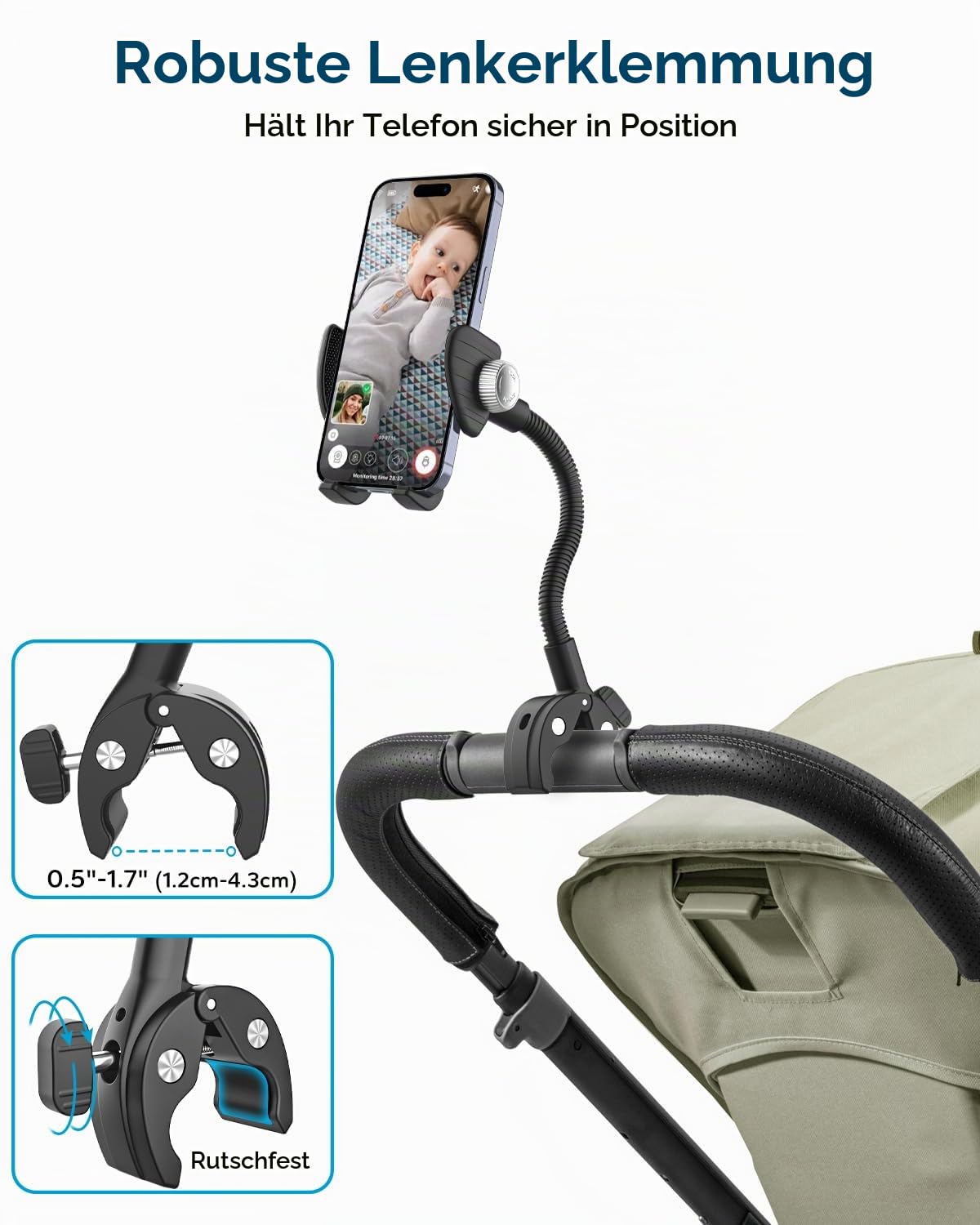 GDZN Kinderwagen Rollstuhl Handyhalterung, [Stabilem Metallarm] Schwanenhals Laufband Handy Halterung, Heimtrainer Stange Rohr Lenker Klemme für iPhone 17 16 15 Pro Max 4-7 Zoll Smartphone